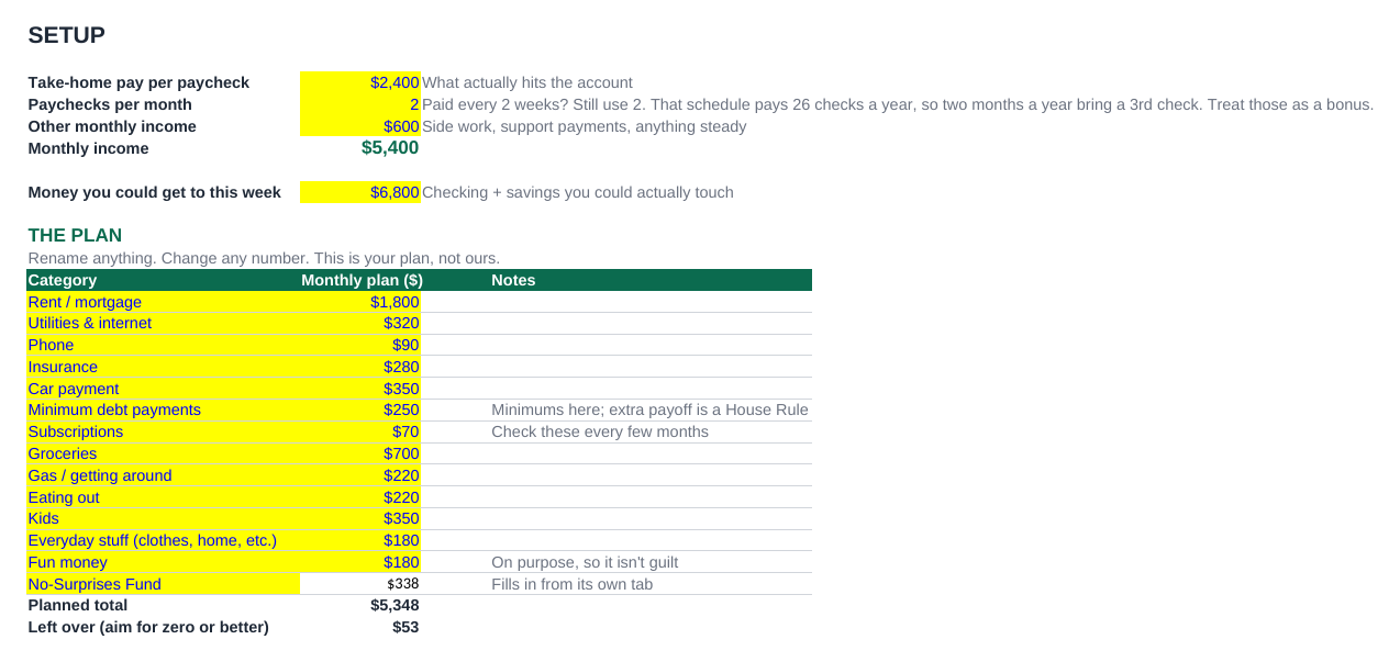 Setup tab with income and category plan